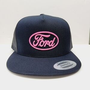 Ford Flat Bill Mesh Snapback Black Cap Hat Puff Direct Embroidered
